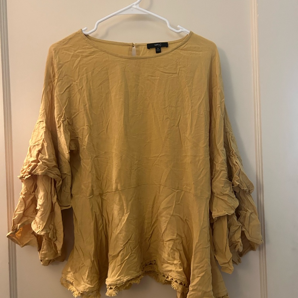 Very J Mustard Ruffle Sleeve Blouse